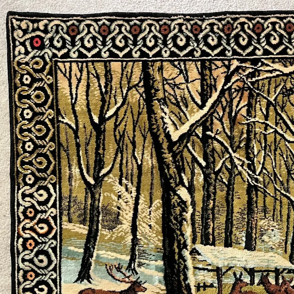 Large Vintage Italian Tapestry Woodland Deer Sunset Landscape Cabin Lodge Nature